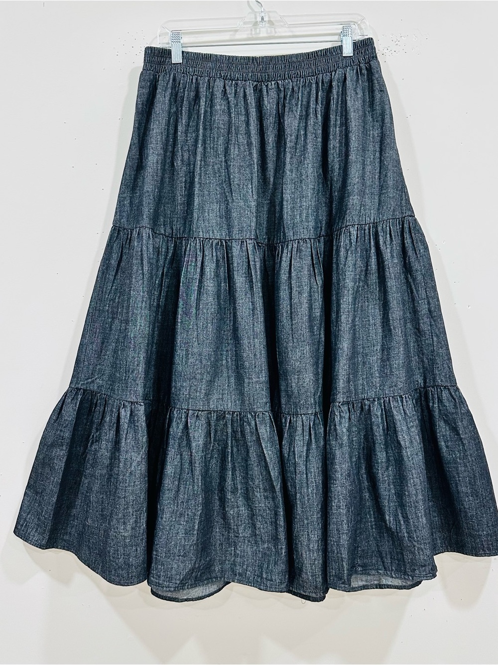 City Chic Womens Elastic Waist Denim Long Tiered Skirt Fashion Black Maxi S/16